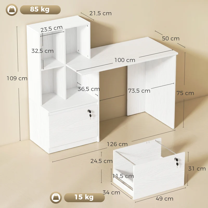 Bureau informatique avec 4 compartiments et tiroir verrouillable 126 x 50 x 109 cm épuré en panneau de particules blanc 21_0002563