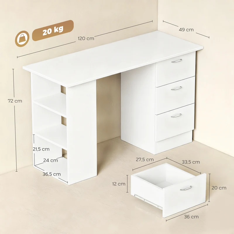 Bureau d'ordinateur pour télétravail 120 x 49 x 72 cm rangements modulables plateau spacieux moderne épuré en MDF blanc 21_0002398