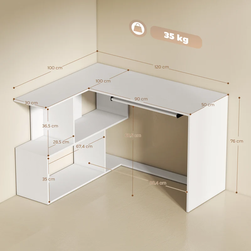 Bureau d'angle en l 120 x 100 x 76 cm gain de place plateau clavier coulissant moderne en panneau de particules blanc 21_0002550