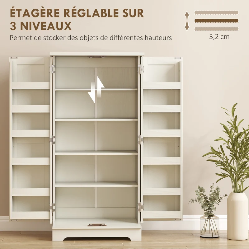 Buffet armoire de cuisine 60 x 40 x 120 cm portes magnétiques étagères réglables rustique contemporain en MDF crème 21_0003265