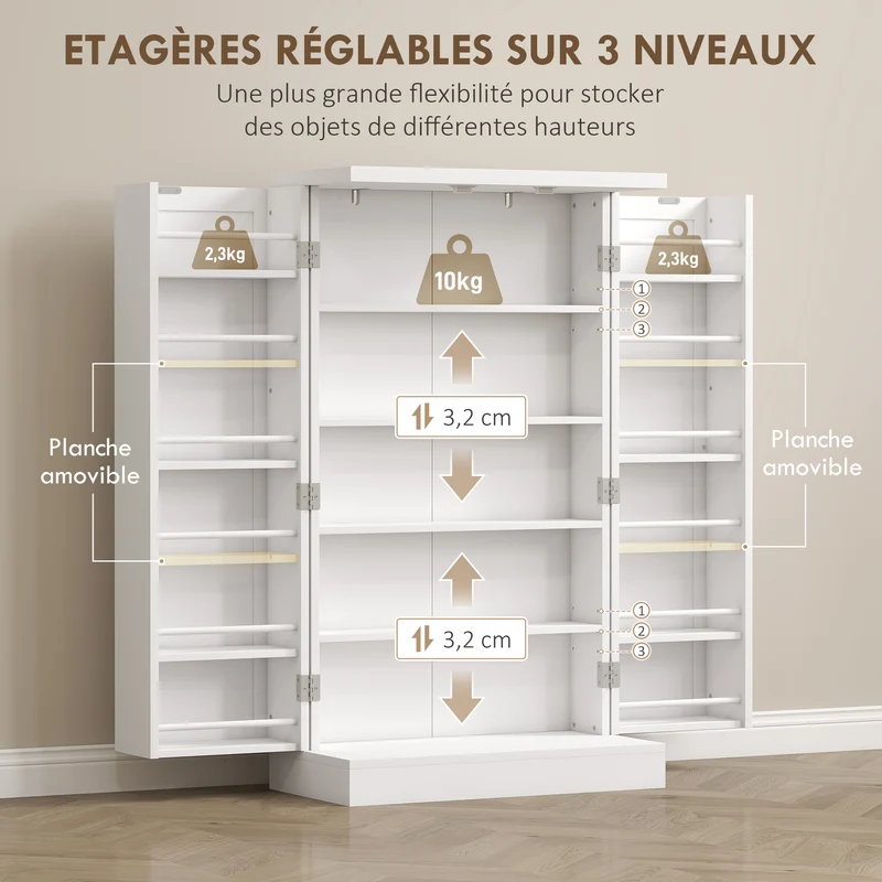 Armoire de cuisine garde-manger 60 x 30 x 104 cm rangement modulable et sécurisé style épuré contemporain en MDF blanc 21_0003227