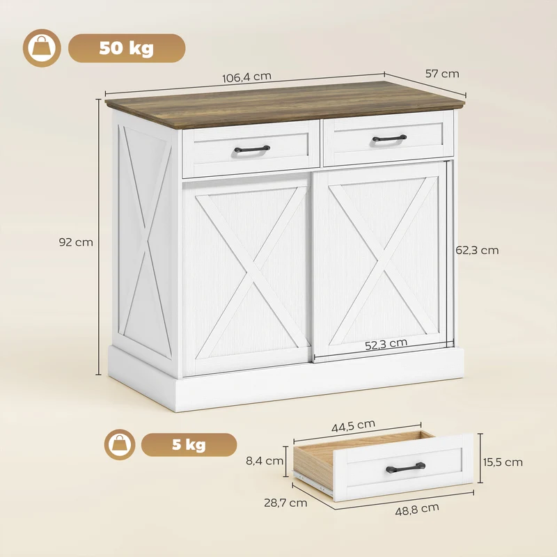 Îlot de cuisine meuble de rangement 106.4 x 57 x 92 cm rangement spacieux plan de travail repas rustique en MDF blanc 21_0001074