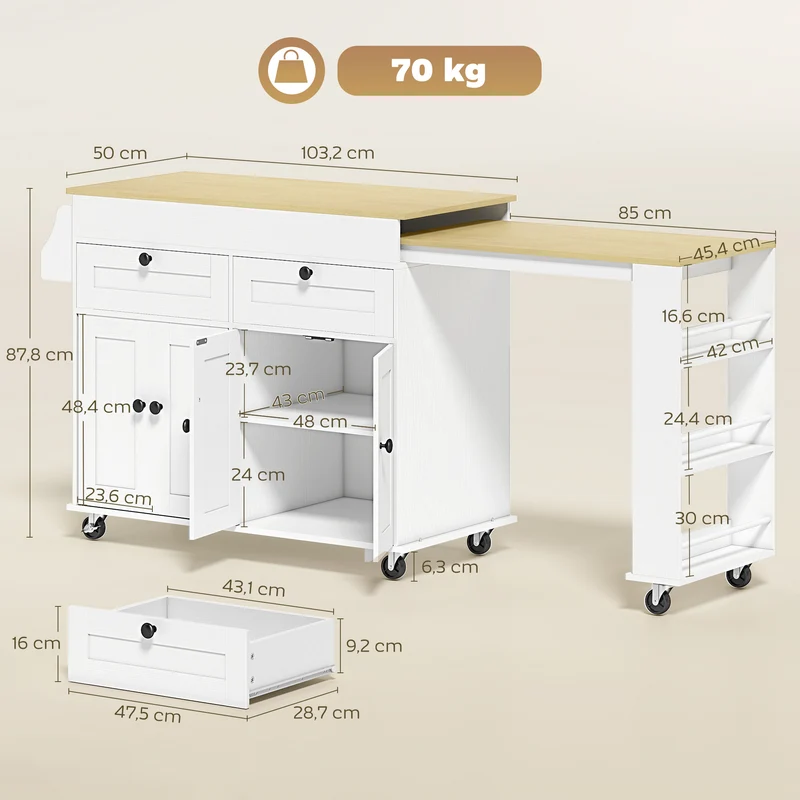 Îlot de cuisine extensible desserte 127 à 189 x 50 x 88 cm grand rangement astucieux sur roulettes moderne en MDF blanc 21_0001071