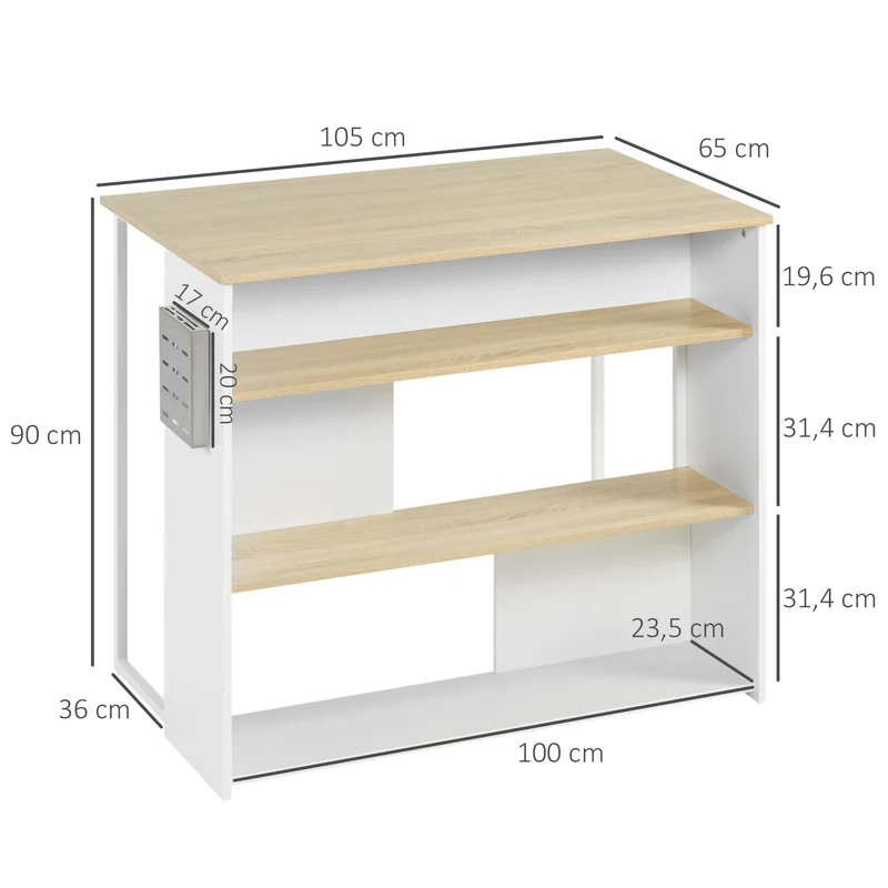 Îlot de cuisine 105 x 65 x 90 cm rangement porte couteau 3 étagères épuré pieds réglables en panneau de particules blanc 21_0001035