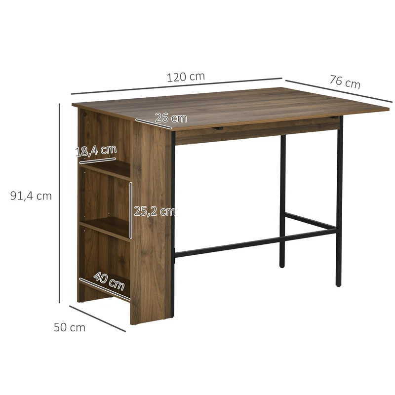 Îlot central table de bar 120 x 76 x 91.4 cm plateau rabattable 3 étagères salon moderne en panneau de particules marron 21_0002300