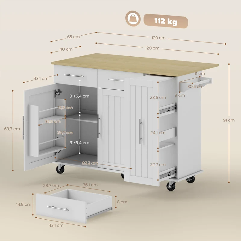 Îlot central cuisine à roulettes 129 x 65 x 91 cm plateau pliant 2 tiroirs rangements fermés moderne épuré en MDF blanc 21_0001060