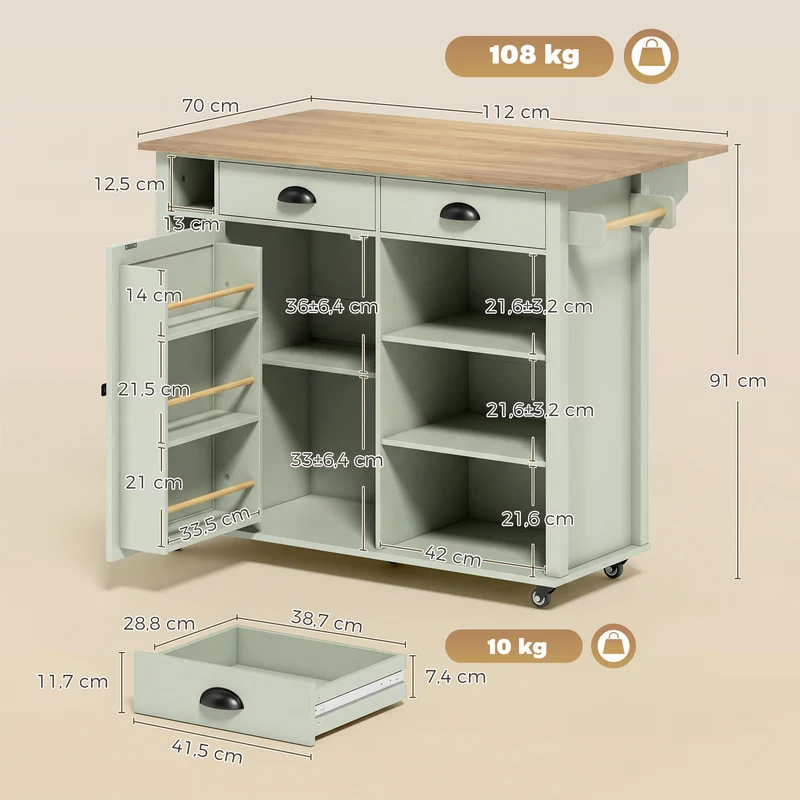 Îlot central cuisine plateau pliant 117.5 x 70 x 91 cm rangement modulable roulettes moderne minimaliste en MDF vert 21_0001069