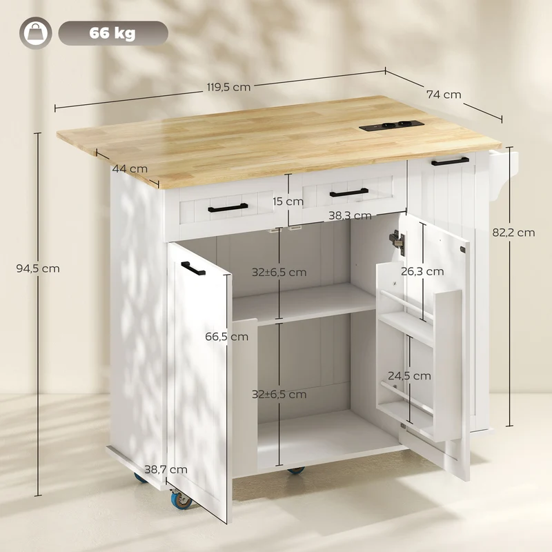 Îlot central cuisine mobile tablette abattant prises et USB rangement 119.5 x 74 x 94.5 cm moderne pratique en MDF blanc 21_0001052