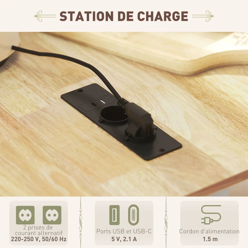 Îlot central cuisine mobile tablette abattant prises et USB rangement 119.5 x 74 x 94.5 cm moderne pratique en MDF blanc 21_0001052