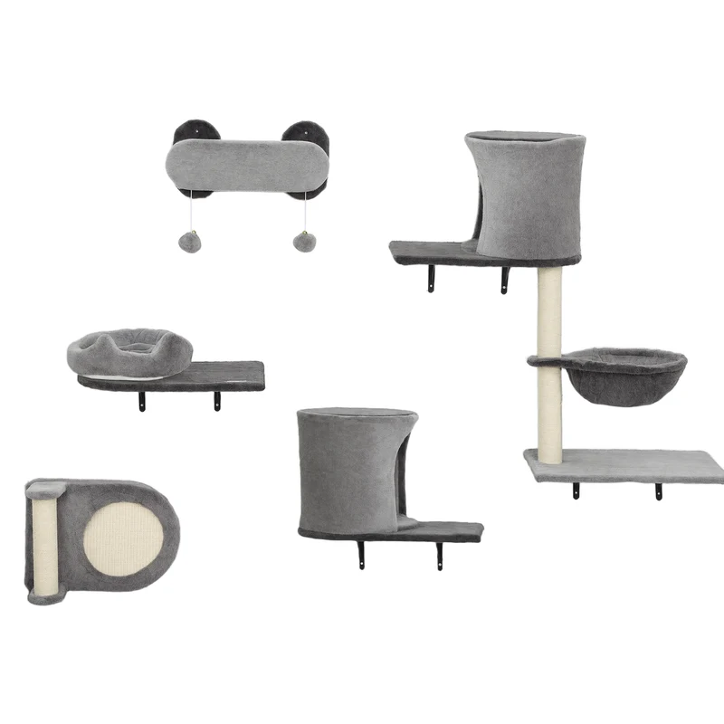 Étagères murales pour chat 84 x 30 x 87 cm jeux et repos griffoir en sisal moderne épuré en panneau de particules gris 21_0007735