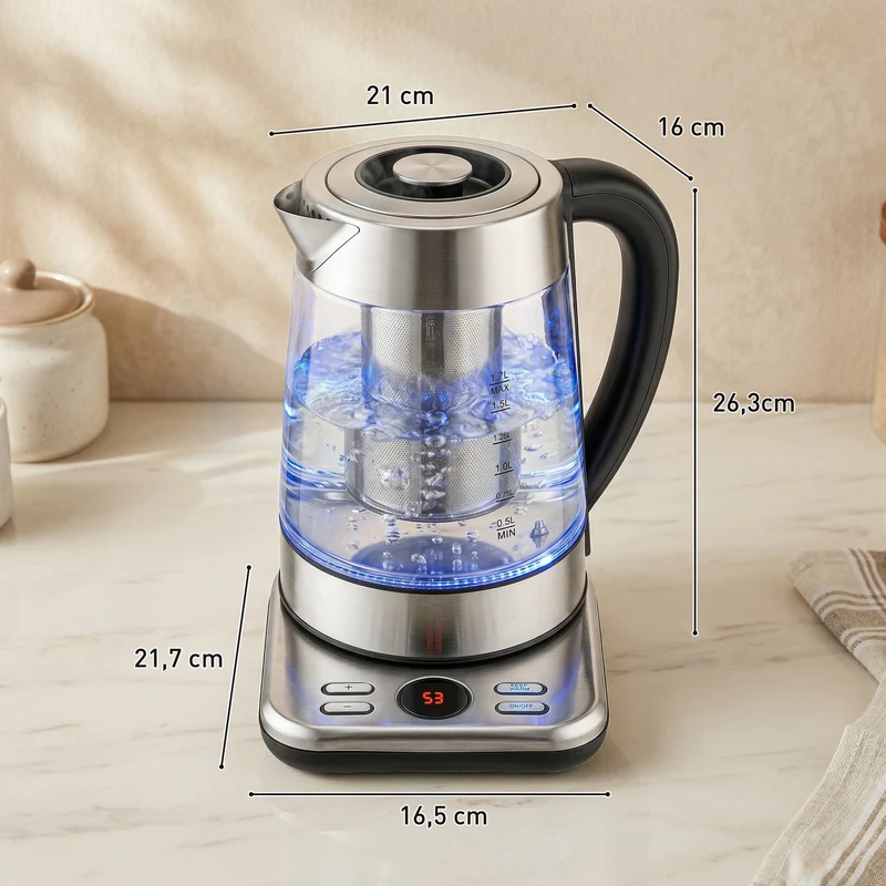 Bouilloire électrique pour cuisine 22 x 21 x 26 cm 2200W chauffe rapide 5 températures infuseur design en verre argent 21_0000975