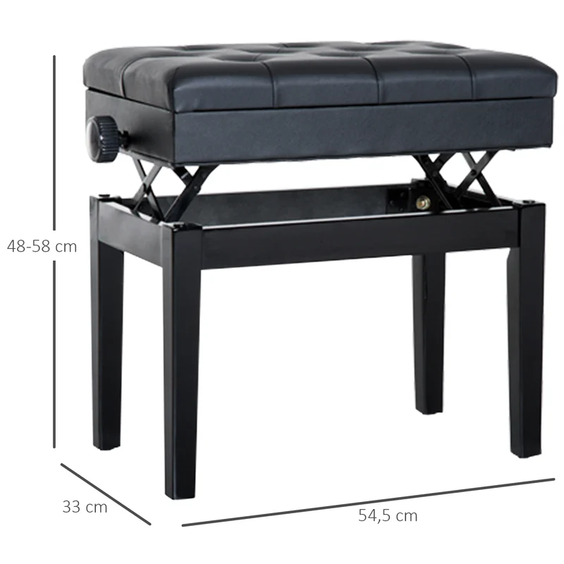 Banc de piano réglable 55 x 33 x 48-58 cm hauteur réglable rangement intégré assise style classique en polyuréthane noir 21_0000098