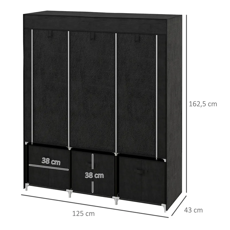 Armoire de rangement pliable 125 x 43 x 162.5 cm 5 étagères 2 tringles 3 tiroirs gain de place contemporain en tissu noir 21_0005812