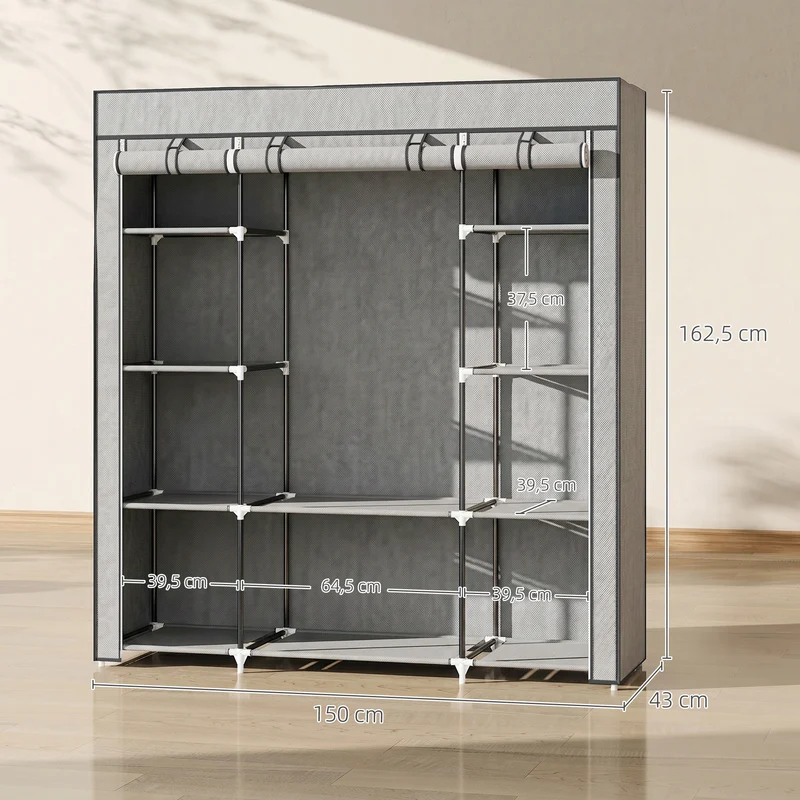 Armoire de rangement penderie 150 x 43 x 162,5 cm avec barre de suspension et étagères contemporain en tissu gris clair 21_0005820