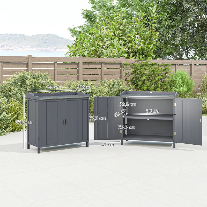 Armoire de jardin table de rempotage 2en1 98 x 48 x 95.5 cm rangement optimisé double porte style rustique en bois gris 21_0004682