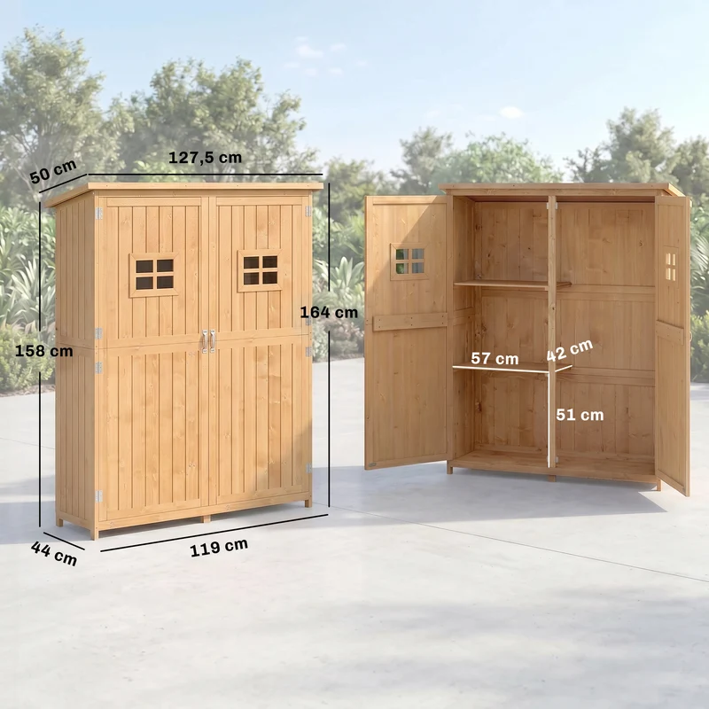 Armoire de jardin rangement extérieur 127,5 x 50 x 164 cm étanche anti-humidité rangement outil rustique en bois naturel 21_0004088