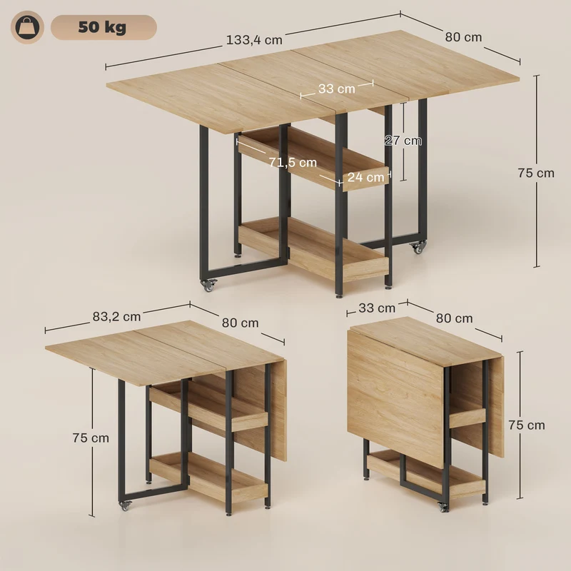 Table à manger pliante 133.4 x 80 x 75 cm pour 4 personnes gain d'espace moderne épuré en panneau de particules chêne 21_0003318