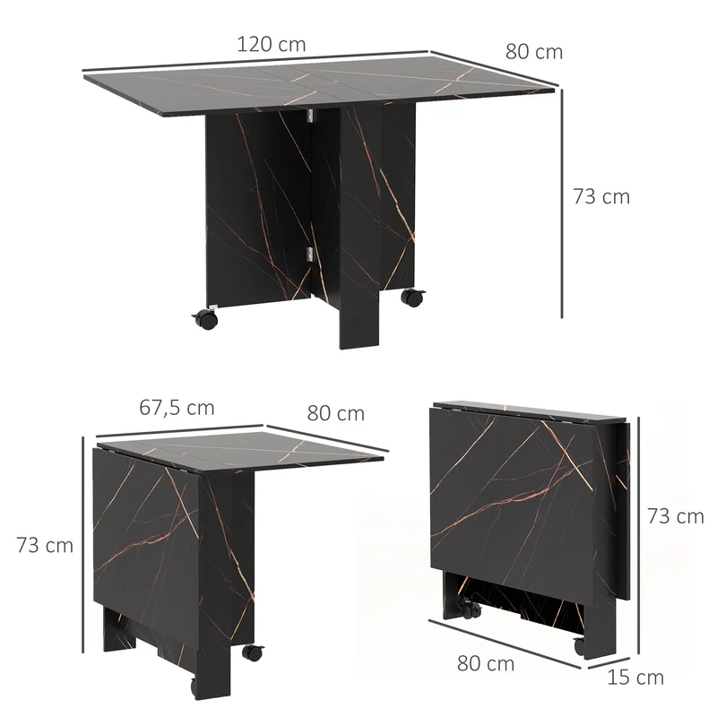 Table pliante à abattants cuisine salon 120 x 80 x 73 cm gain de place roulettes moderne en panneau de particules noir 21_0001722