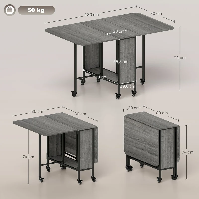 Table pliante extensible cuisine 130 x 80 x 74 cm pour 6 personnes étagère intégrée moderne en panneau de particules gris 21_0002302