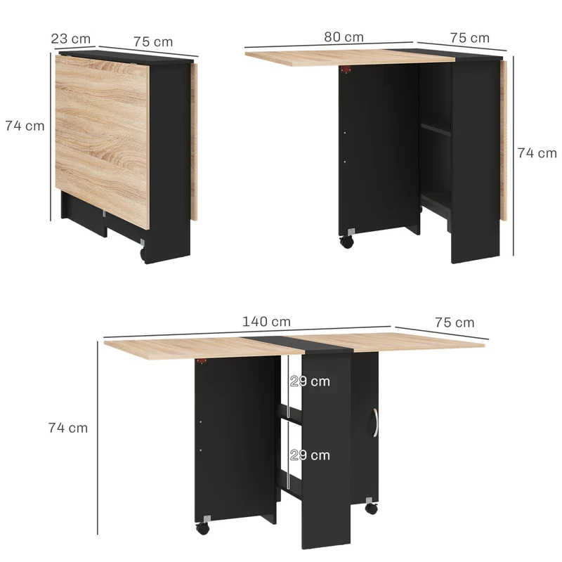 Table pliante cuisine 75 x 140 x 74 cm gain de place à roulettes freinées design moderne en panneaux de particules noir 21_0002165