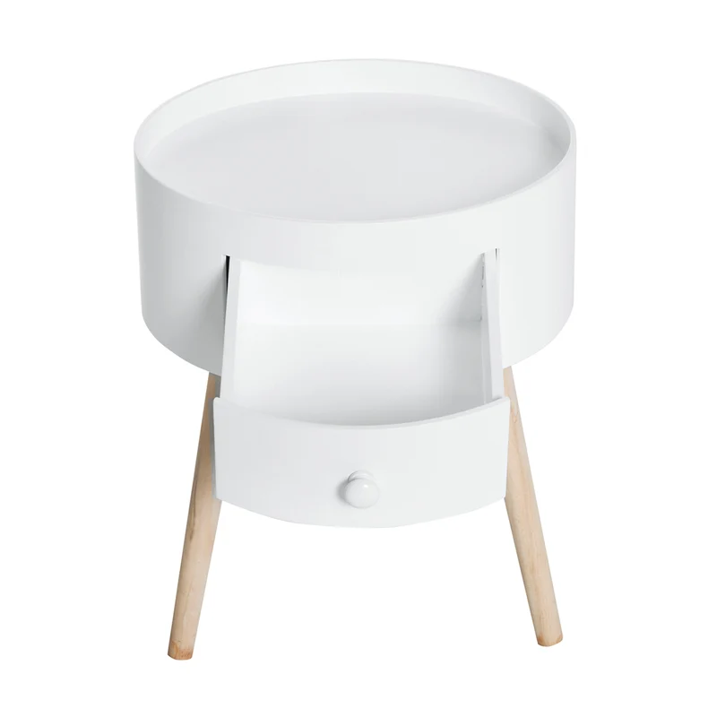 Table de chevet ronde 38 x 38 x 45 cm tiroir de rangement pratique style scandinave épuré en bois massif chêne clair 21_0001713