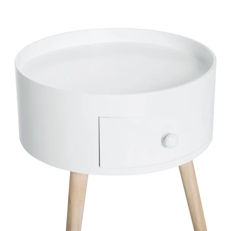 Table de chevet ronde 38 x 38 x 45 cm tiroir de rangement pratique style scandinave épuré en bois massif chêne clair 21_0001713