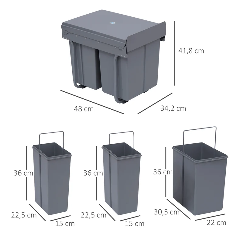 Poubelle coulissante sous évier 48 x 34,2 x 41,8 cm triple compartiment tri silencieux compacte contemporain en PP gris 21_0005898