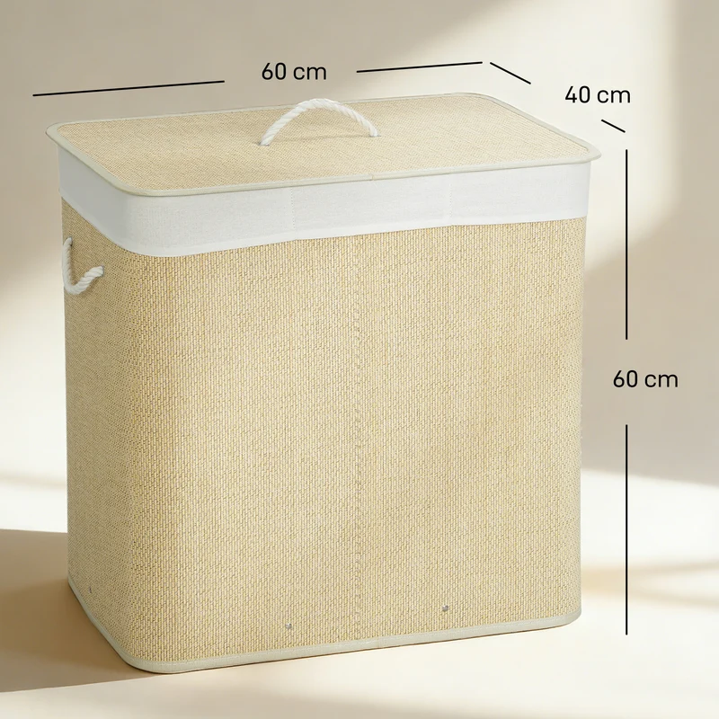 Panier à linge trois compartiments 60 x 40 x 60 cm séparation pratique sacs lavables épuré scandinave en bambou crème 21_0005879