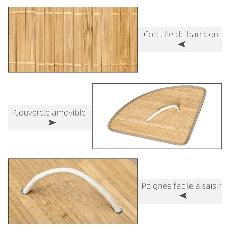 Panier à linge d'angle pour coin 38 x 38 x 57 cm housse amovible gain de place scandinave épuré en bambou bois naturel 21_0005831