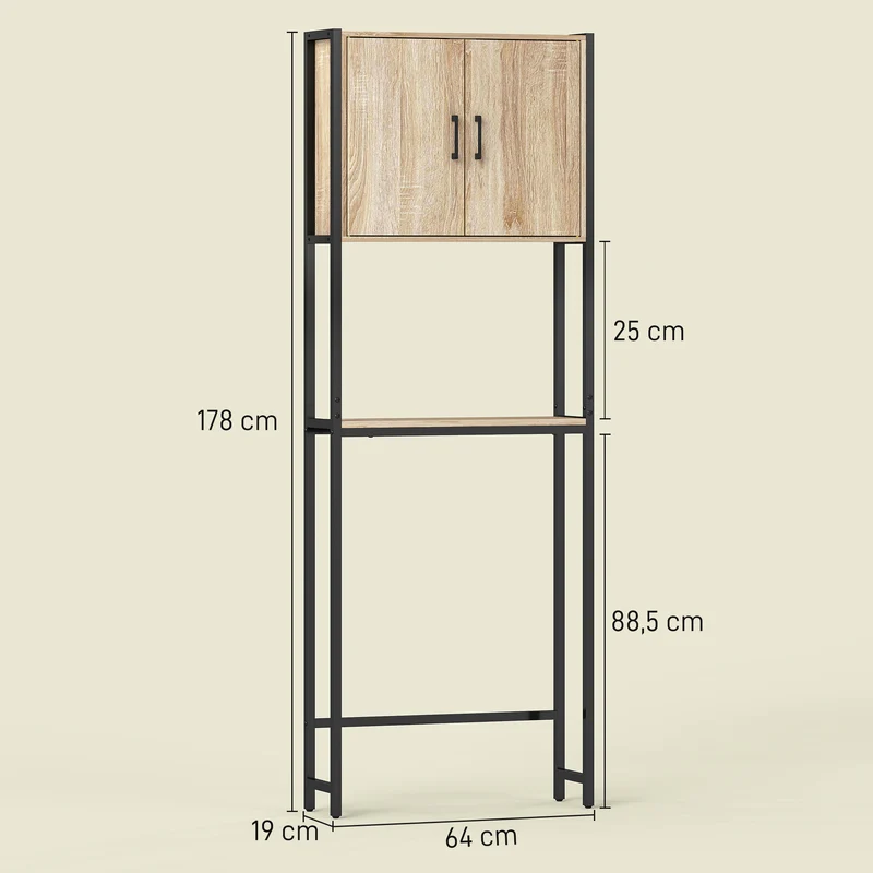 Meuble dessus wc rangement 64 x 19 x 178 cm gain de place étagère industriel épuré en panneaux de particules chêne clair 21_0001984