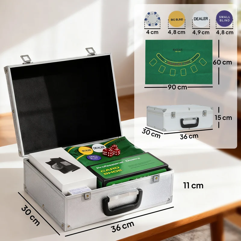 Mallette de poker complète pour soirées casino 36 x 30 x 15 cm 300 jetons accessoires complets moderne en abs argent 21_0006662
