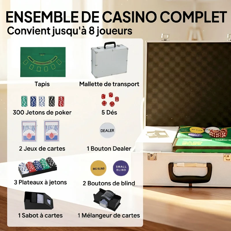 Mallette de poker complète pour soirées casino 36 x 30 x 15 cm 300 jetons accessoires complets moderne en abs argent 21_0006662