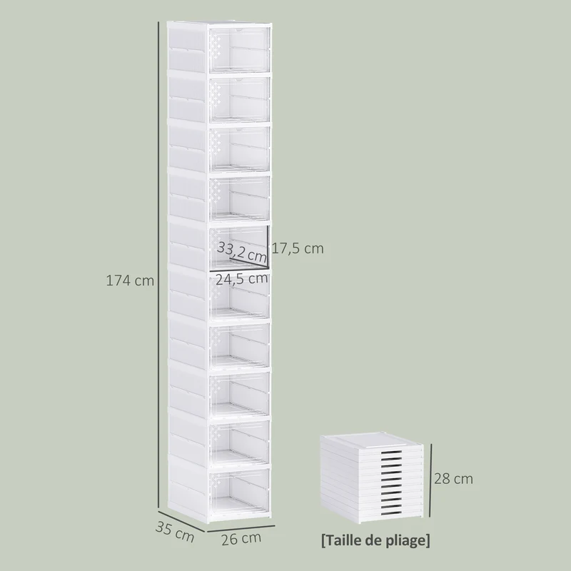 Lot de 10 boîtes à chaussures empilables 26 x 35 x 174 cm porte transparente taille jusqu'à 43 style épuré en PP blanc 21_0002742