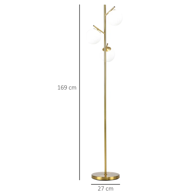 Lampadaire salon 27 x 169 cm 3 abat-jours globes opalins lumière tamisée interrupteur à pied art déco en métal doré 21_0007015