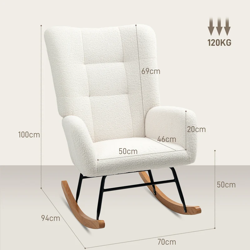 Fauteuil à bascule 70 x 94 x 100 cm balancement réglable 90° à 115° assise moelleuse scandinave en laine bouclée crème 21_0003472