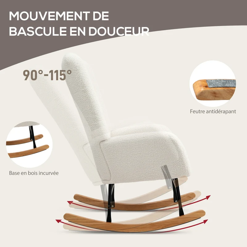 Fauteuil à bascule 70 x 94 x 100 cm balancement réglable 90° à 115° assise moelleuse scandinave en laine bouclée crème 21_0003472