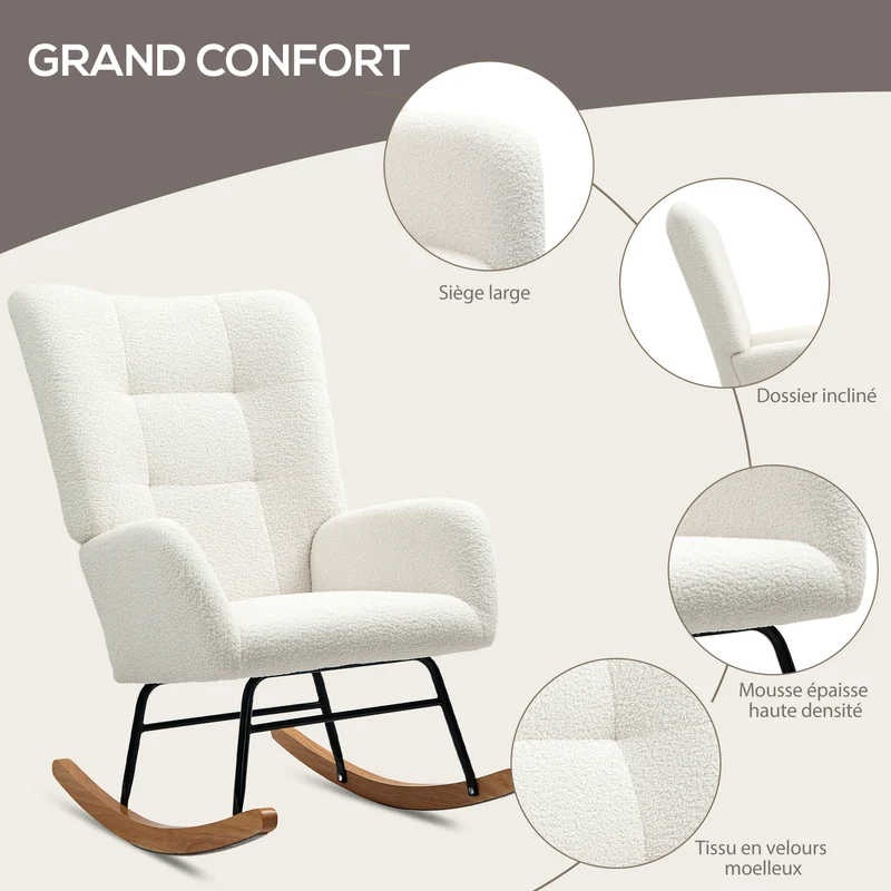 Fauteuil à bascule 70 x 94 x 100 cm balancement réglable 90° à 115° assise moelleuse scandinave en laine bouclée crème 21_0003472