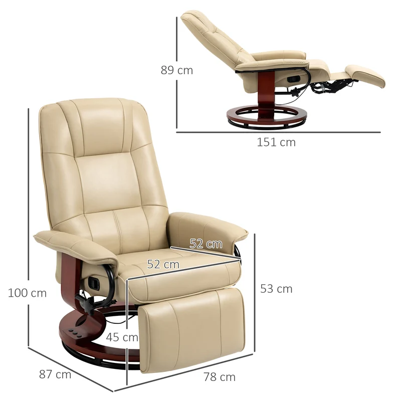 Fauteuil relax inclinable pivotant 78 x 87 x 100 cm inclinaison 145° repose-pied réglable design moderne en PU crème 21_0001740