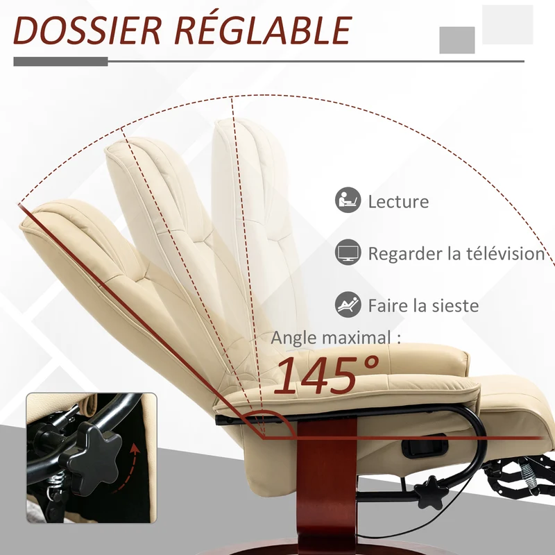 Fauteuil relax inclinable pivotant 78 x 87 x 100 cm inclinaison 145° repose-pied réglable design moderne en PU crème 21_0001740