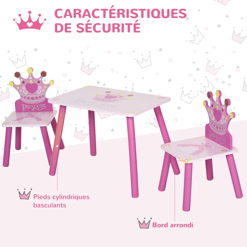 Ensemble table et chaises enfant 55 x 34 x 42 cm pour dessin et lecture sécurité optimale style princesse en MDF rose 21_0000185