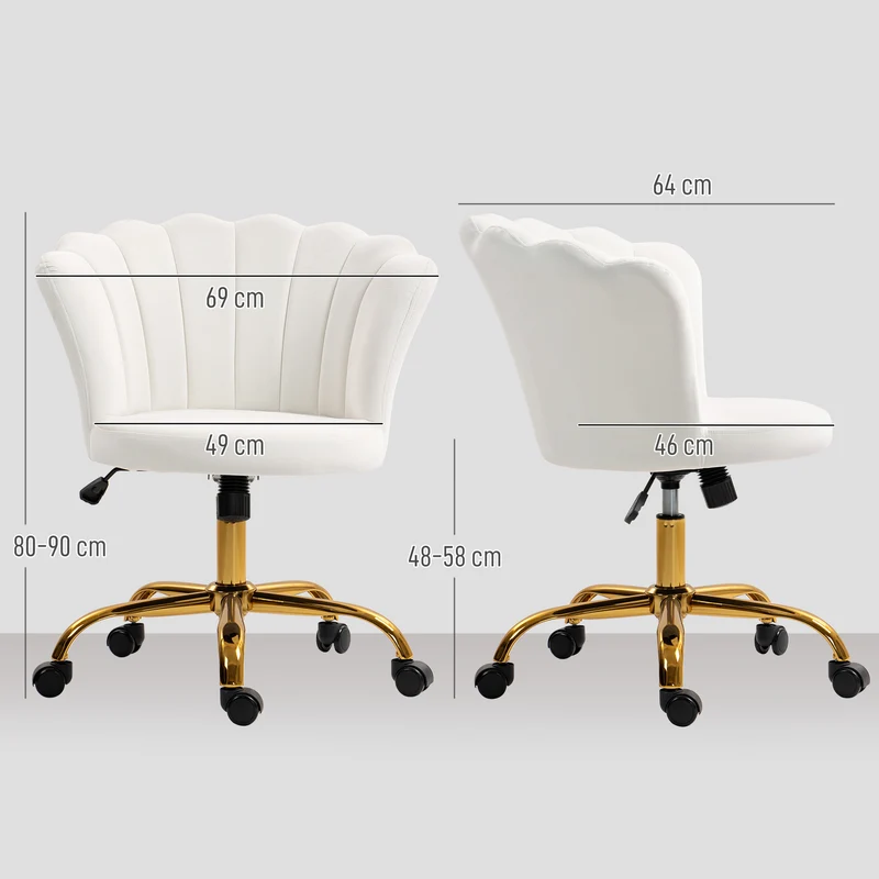 Chaise de bureau dossier pétale 69 x 64 x 80-90 cm hauteur réglable bascule moderne design coiffeuse en velours blanc 21_0006267