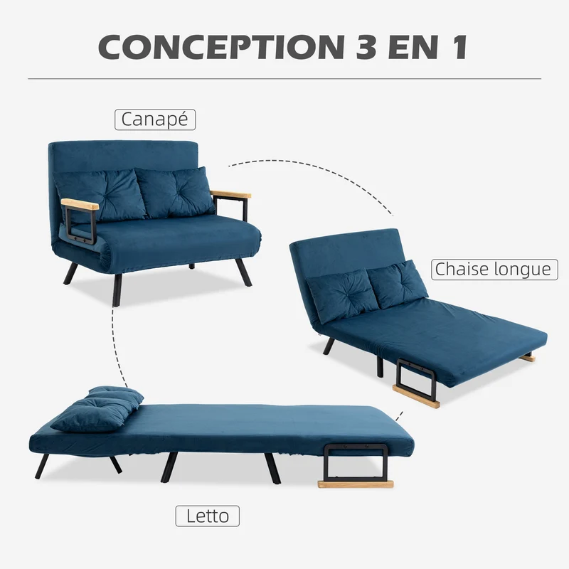 Canapé convertible 2 places 102 x 73 x 81 cm dossier 5 positions assise rembourrée moderne scandinave en polyester bleu 21_0003143