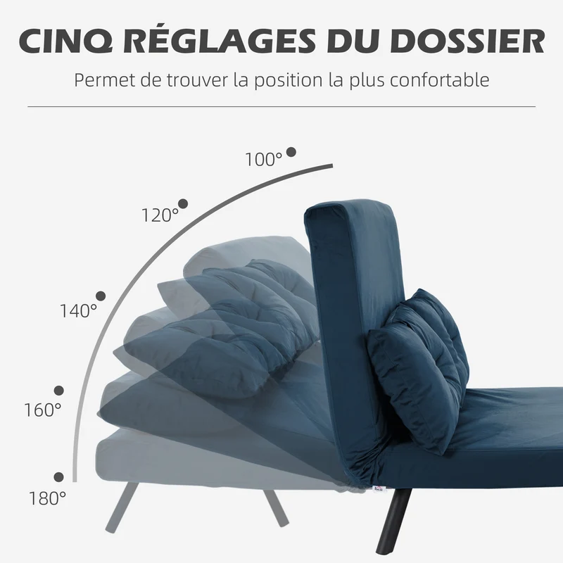 Canapé convertible 2 places 102 x 73 x 81 cm dossier 5 positions assise rembourrée moderne scandinave en polyester bleu 21_0003143