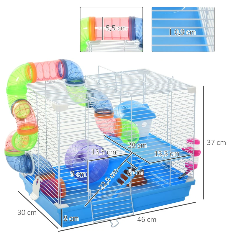 Cage pour hamsters 2 niveaux 46 x 30 x 37 cm tunnel entretien aisé style moderne épuré ambiance cosy en plastique bleu 21_0007920