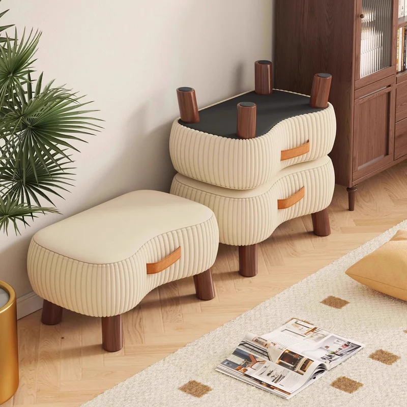 Contemporary Scandinavian Synthetic Fabric Solid Wood Soap-Shaped Cylinder Low Stool For Living Room