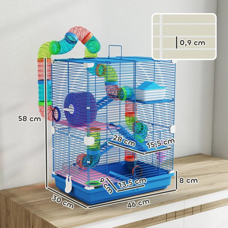 Cage pour hamster 4 étages tunnels modulables ludiques roue silencieuse 46 x 30 x 58 cm design contemporain en métal bleu 21_0007923