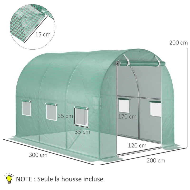 Bâche rechange serre tunnel 3 x 2 x 2 m protection contre le gel porte zippée design épuré en polyéthylène vert foncé 21_0004160