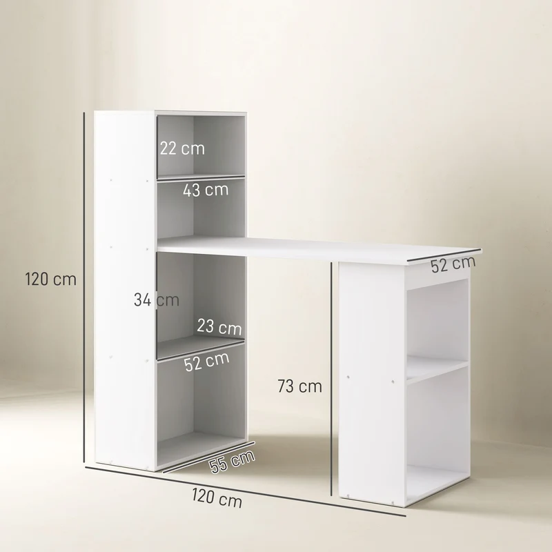 Bureau informatique bibliothèque 120 x 55 x 120 cm rangement 6 compartiments contemporain en panneaux de particules blanc 21_0002401
