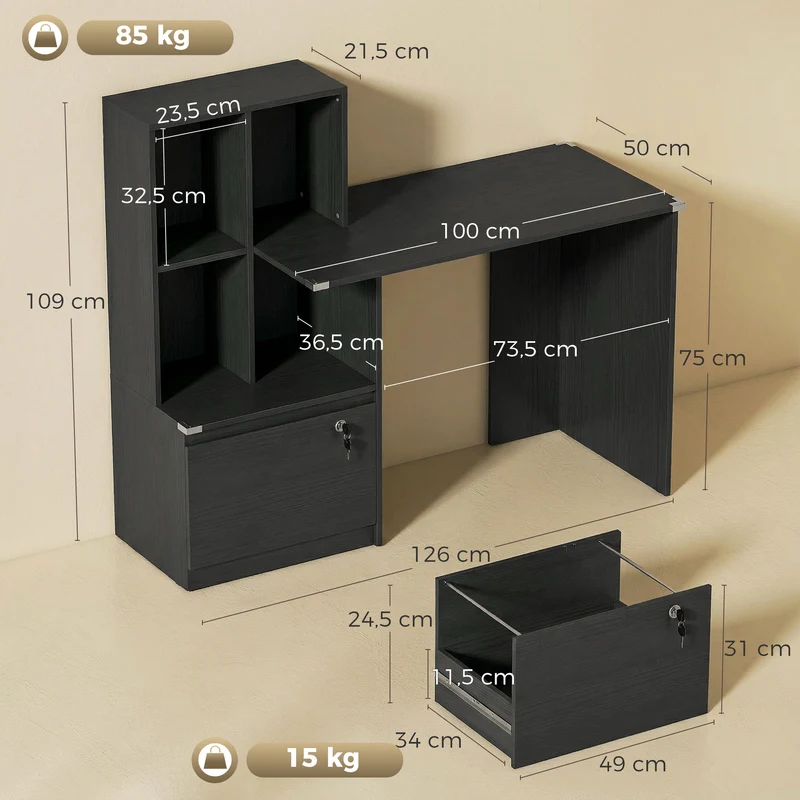 Bureau d'ordinateur 126 x 50 x 109 cm 4 niches tiroir sécurisé moderne plateau spacieux en panneau de particules noir 21_0002562