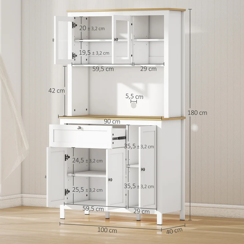 Buffet de cuisine haut 5 portes 100 x 40 x 180 cm avec 2 portes vitrées et tiroir style contemporain sobre en MDF blanc 21_0003192